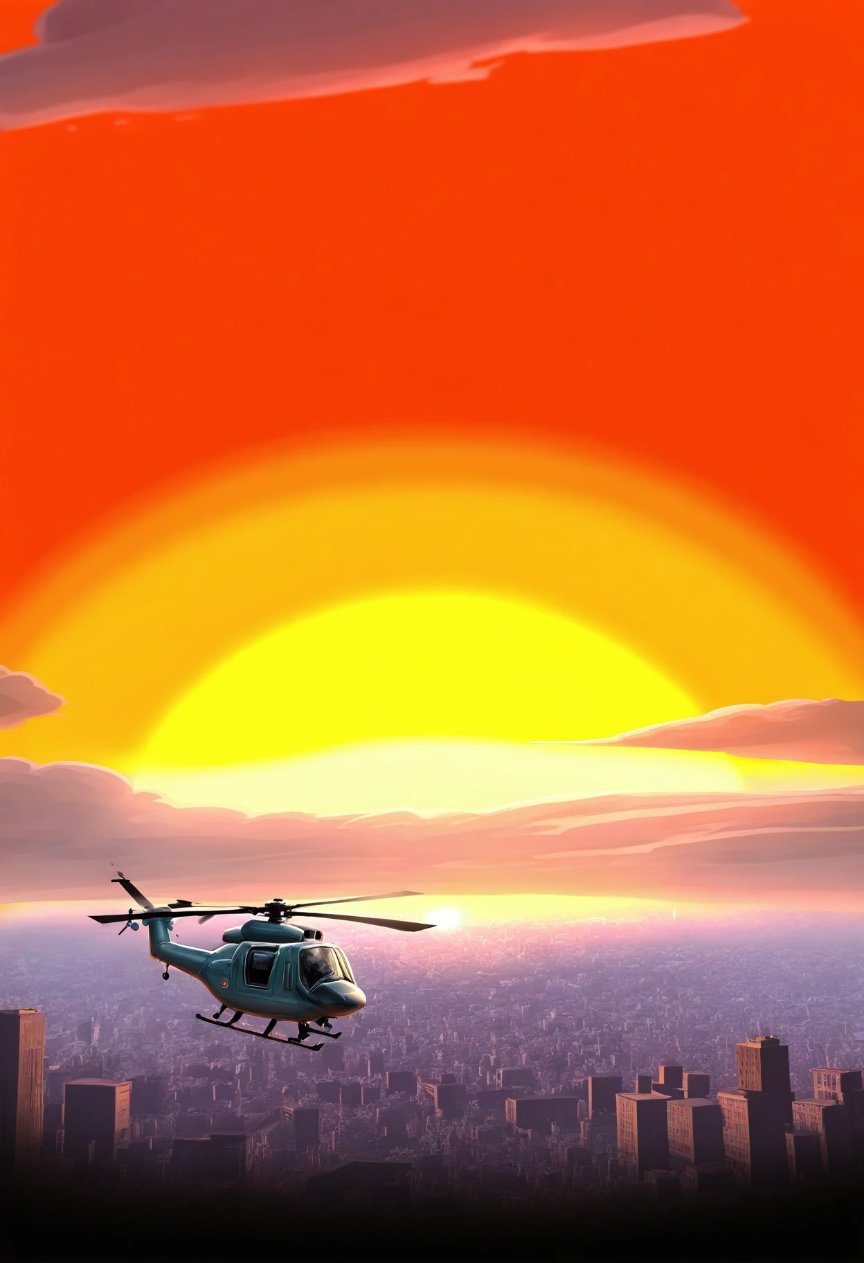 masterpiece, best quality, absurdres, very aesthetic, raymanstyle, helicopter, cityscape background