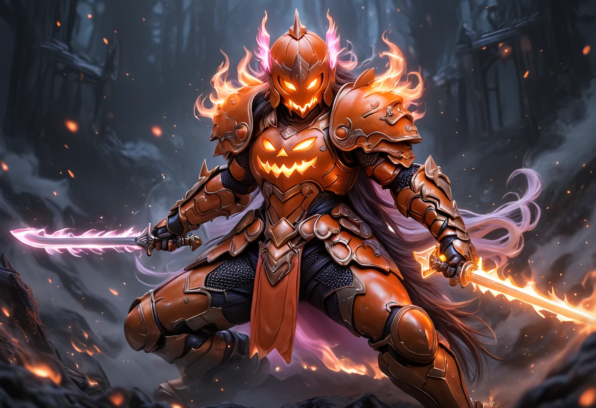 Jackoknight, pumpkin armor, pumpkin helmet, fighting_stance, weapon, armor, sword, full armor, long hair, holding weapon, holding sword, glowing, holding, fire, helmet, gauntlets, shoulder armor, very long hair, solo, knight