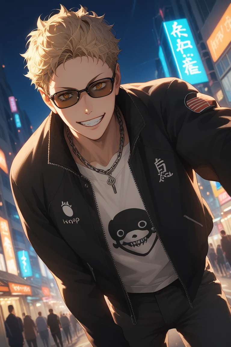 score_9, score_8_up, score_7_up, source_anime, rating_questionable, dark environoment, dark, neon lighting, glowing, hiphop theme, male focus, leaning forward, looking down at viewer, expressive face, KeiHU, blonde_KeiHU_short hair, black_KeiHU_glasses, brown_KeiHU_eyes, grin, teeth, sunglasses, hiphop clothes, jacket, asymmetrical print on clothes, chain necklace, pants, 1boy, blurry outdoors city street, cityscape, scenery, from below, dutch angle, intricately detailed illustration, atmospheric perspective, depth of field