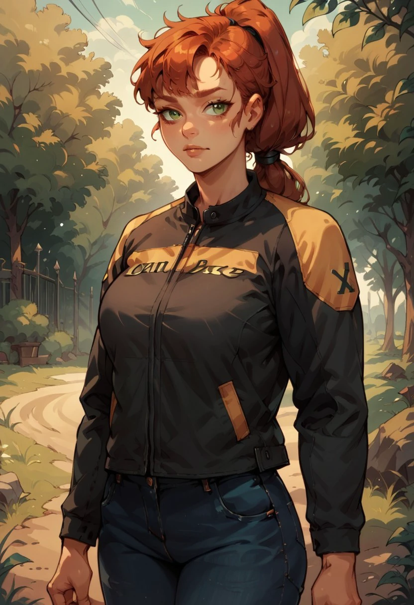 score_9, score_8_up, score_7_up, score_6_up, 1girl, red hair, ponytail, bangs, green eyes, lther2 jacket, big breasts, in woods, jeans, portrait