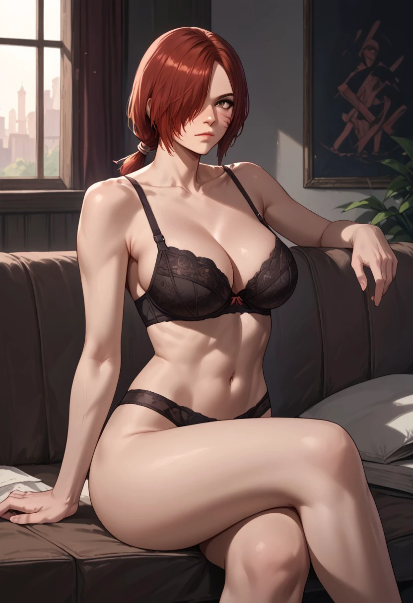 score_9, score_8_up, score_7_up, source_realistic, BREAK 1girl, solo, tarjaffxvi, red hair, facial scar, short hair, hair over one eye, low ponytail, bra, panties, big breasts, sitting, crossed legs,