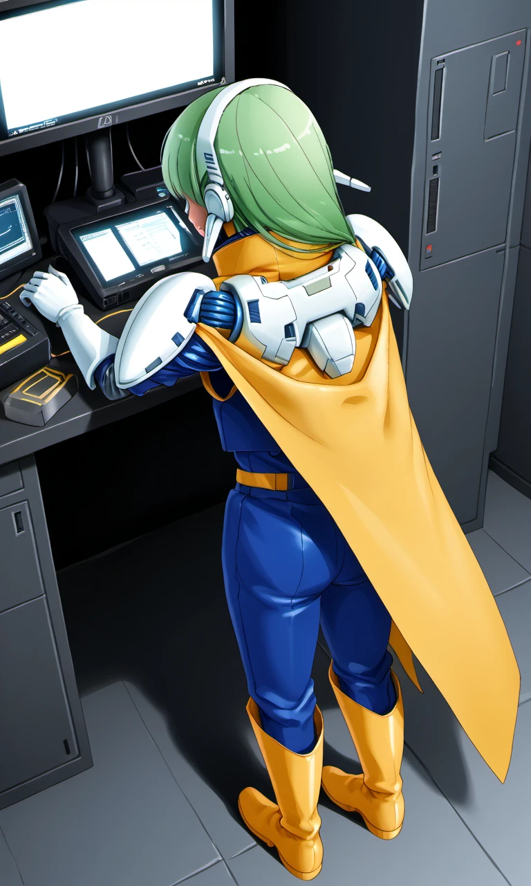 wall monitors, dim lighting, uses a touch screen, from behind, from above, robot joints, furena, 1girl, gynoid, green hair, long hair, robot ears, white shoulder pads, blue sleeves, white gloves, yellow cape, blue pants, yellow thigh boots, 