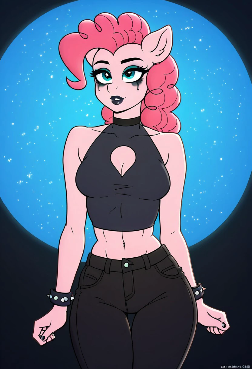 Prompt: Score_9, Score_8_up, Score_7_up, Score_6_up, Score_5_up, Score_4_up, source_cartoon, my little pony , starry_background, spinning, pinkie pie with Sonata Dusk hair, MLP, human girl. Punk clothing. mlp cartoon art. pony ears, bright eye makeup looks. Black clothes, Be1nn1e, black_Lipstick, lips,Haltie-style