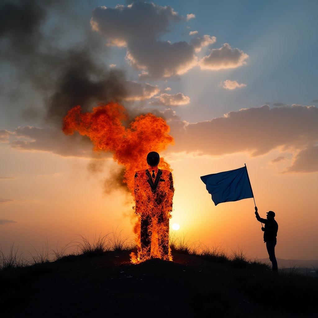 Imagine an image in cinematic photorealism: A hilltop protest at sunset, where a burning effigy of a faceless figure in a business suit stands as the centerpiece. A blue flag flutters in the wind, held high by a protester silhouetted against the vibrant sky. Smoke from the effigy mixes with the hues of the setting sun, creating a dramatic contrast of light and shadow.