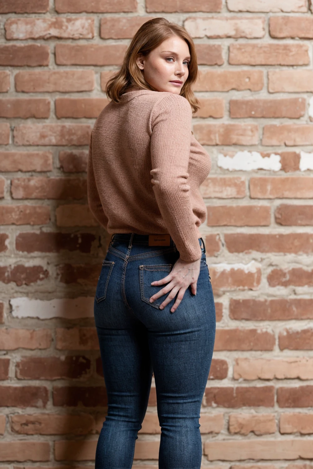 1girl, ultrarealistic, real photo, detailed skin, visible pores, (professional photo style), wool top, tight jeans, looking back, brick wall
<lora:bdh81_us_lora_v2.5:1> bdh81