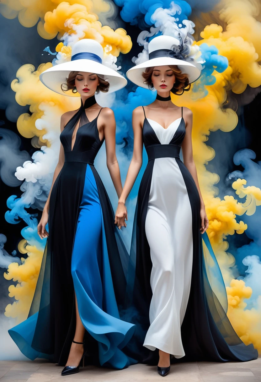 Two elegant fashion models wearing white hats and long black dresses, Two graceful figures in contrasting yellow and blue dresses, Abstract feminine forms in a state of calm and dynamic movement, Alphonse Mucha, Marta Nael, WLOP, surrounded by colorful smoke, digital art, color splashes, one in white and the other in black, with smoke between them, The color scheme is light red and blue, of contrasting colors, Smoke fills the space between them, one is white and the other dark gray, with smoke around them in an illustration style with vibrant colors   masterpiece, detailed, best quality, absurd resolution,    <lora:artfully_ALIENDANCE:0.8>