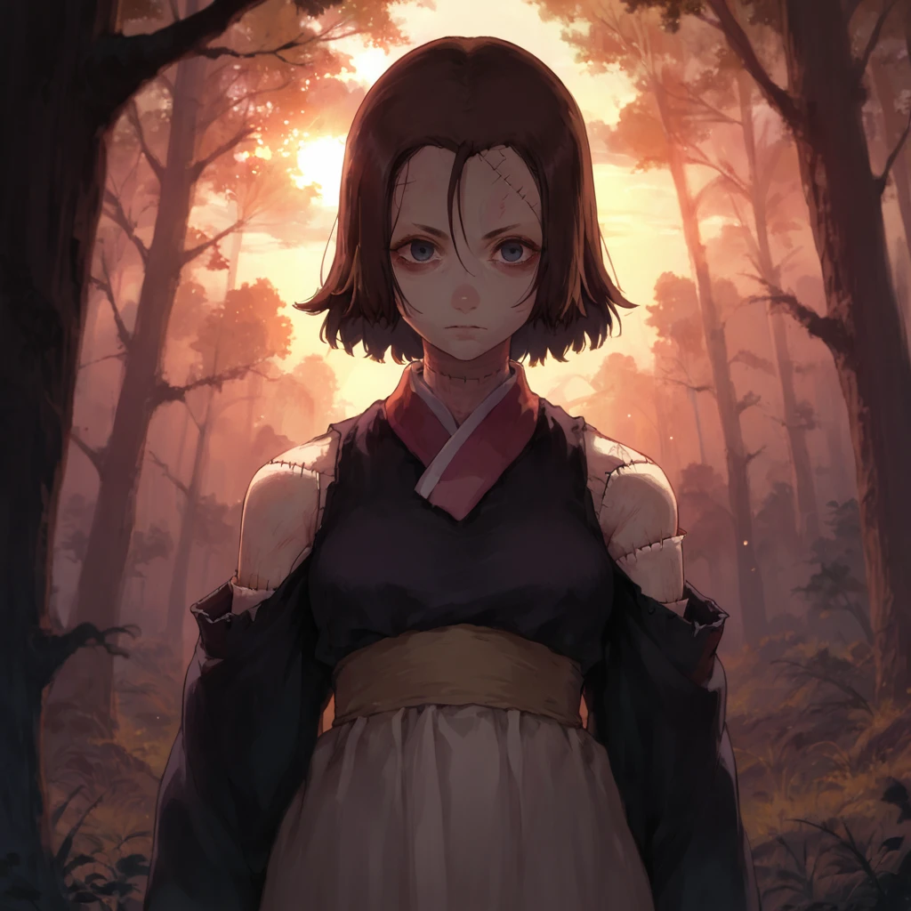 score_9, score_8, score_7, score_6_up, outdoors, (dark forest, moonlight), sunrise, sunlight, girl, female focus, suzumebachi, looking at viewer, front glance, gloomy, <lora:SuzumebachiTEST2:1>, <lora:TimBurton_Animation_offset:1.2>, horror \(theme\), stitches, blurry