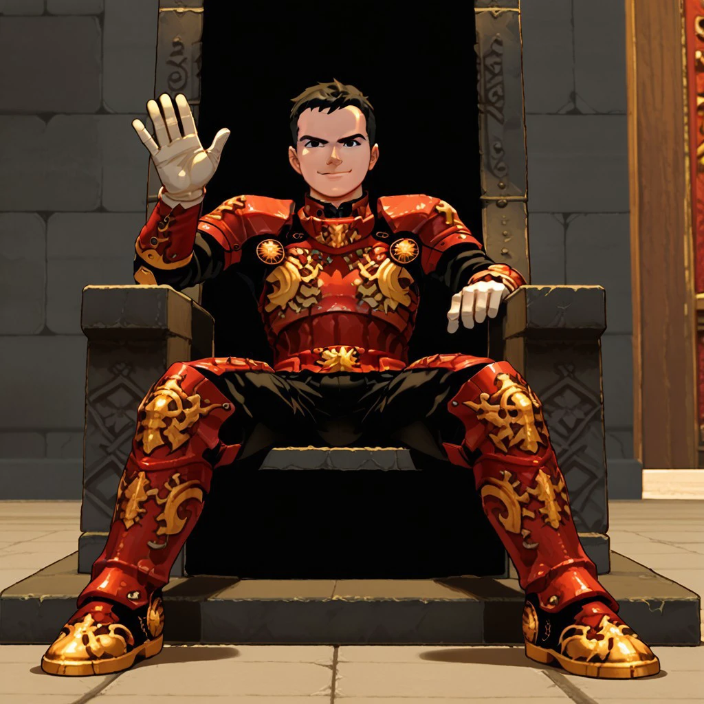 1boy,solo,armor,boots,black hair,black eyes,short hair,gloves,smirk,sitting,throne,waving,looking at viewer,facing viewer,