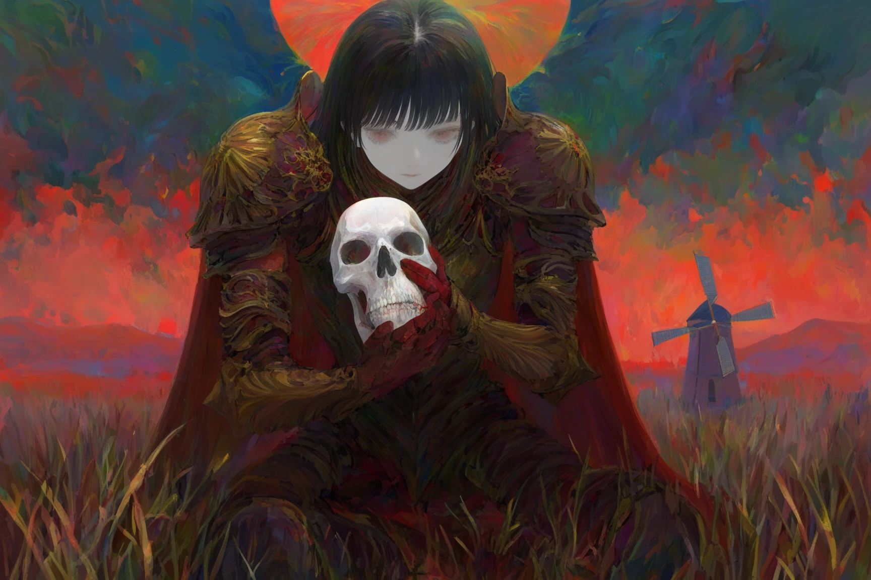 monmon2133, 1girl, black hair, sitting, red sky, plain, grass, white skin, heavy shoulder pads, pauldrons, armor, ornate, holding skull, hair, windmill,