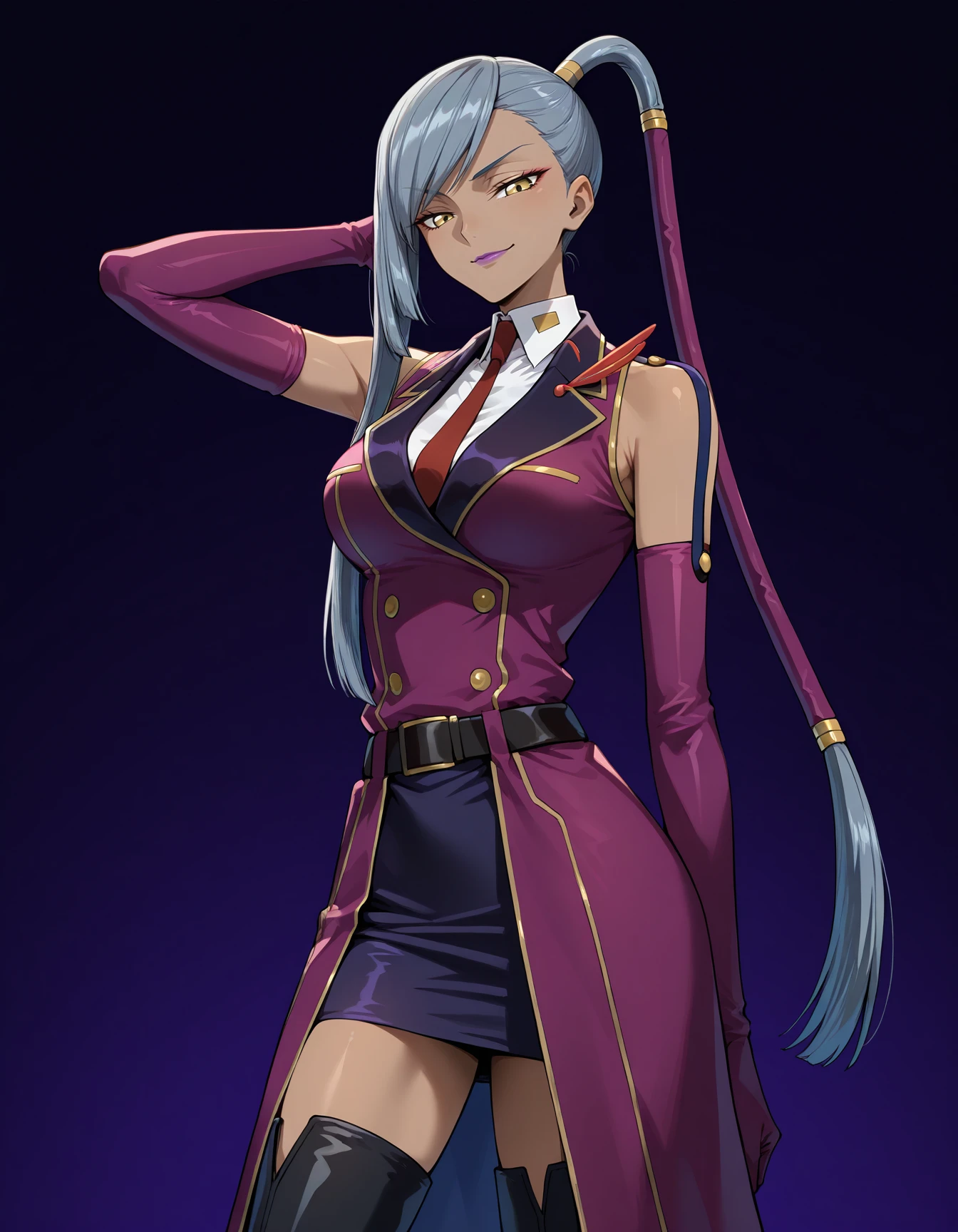 <lora:Villetta_Nu_Code_Geass:1>1girl, solo, 
villetta_nu, dark-skinned female, yellow eyes, grey hair, long hair, ponytail, lipstick,
purple_uniform, thigh boots, collared shirt, red tie, elbow gloves, pencil skirt, black belt, sleeveless, buttons, white shirt, purple jacket, 
standing, one hand behind head, looking down at the viewer, smirk, 
dark background,, masterpiece, best quality