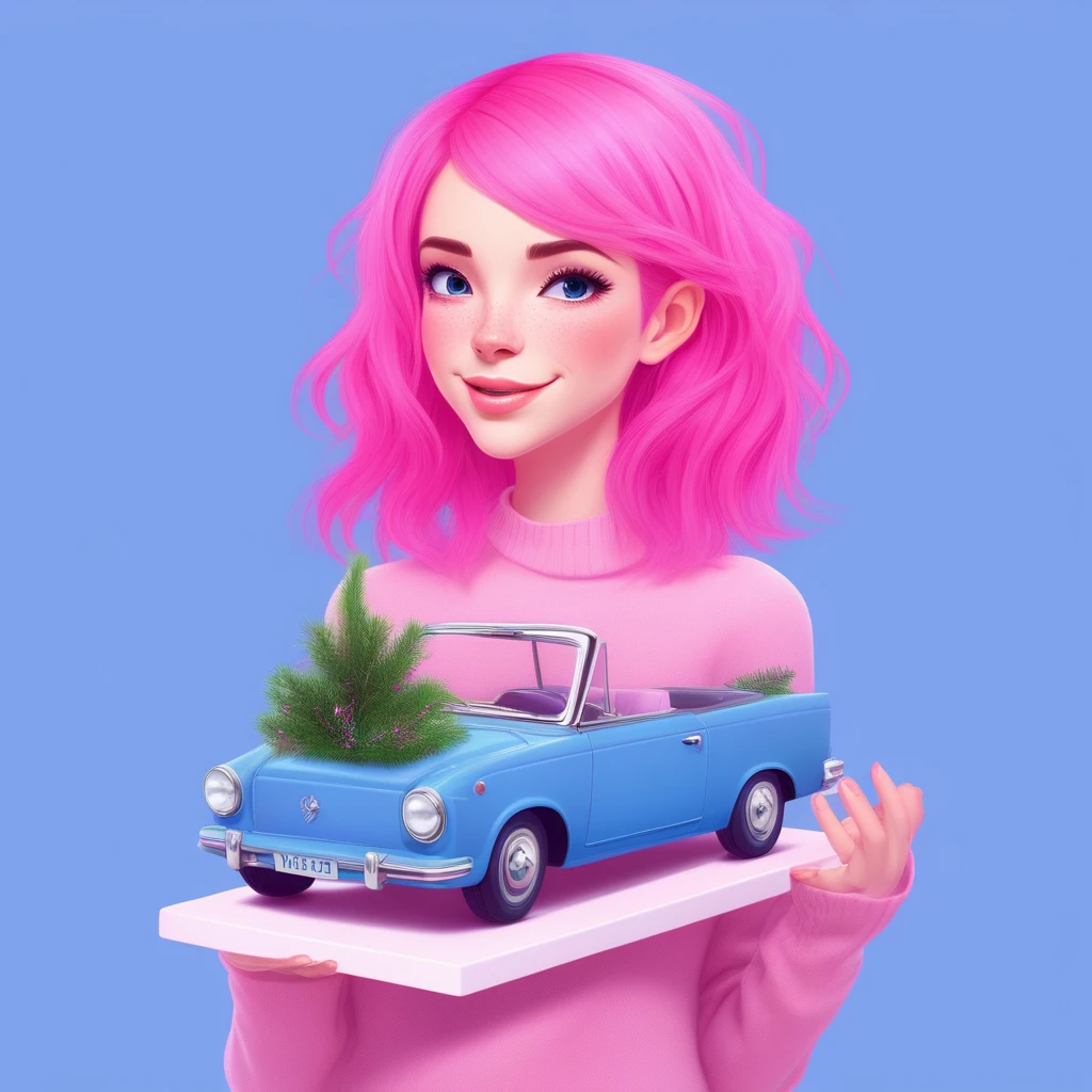 blue background, potted plant, christmas, motor vehicle, pink hair