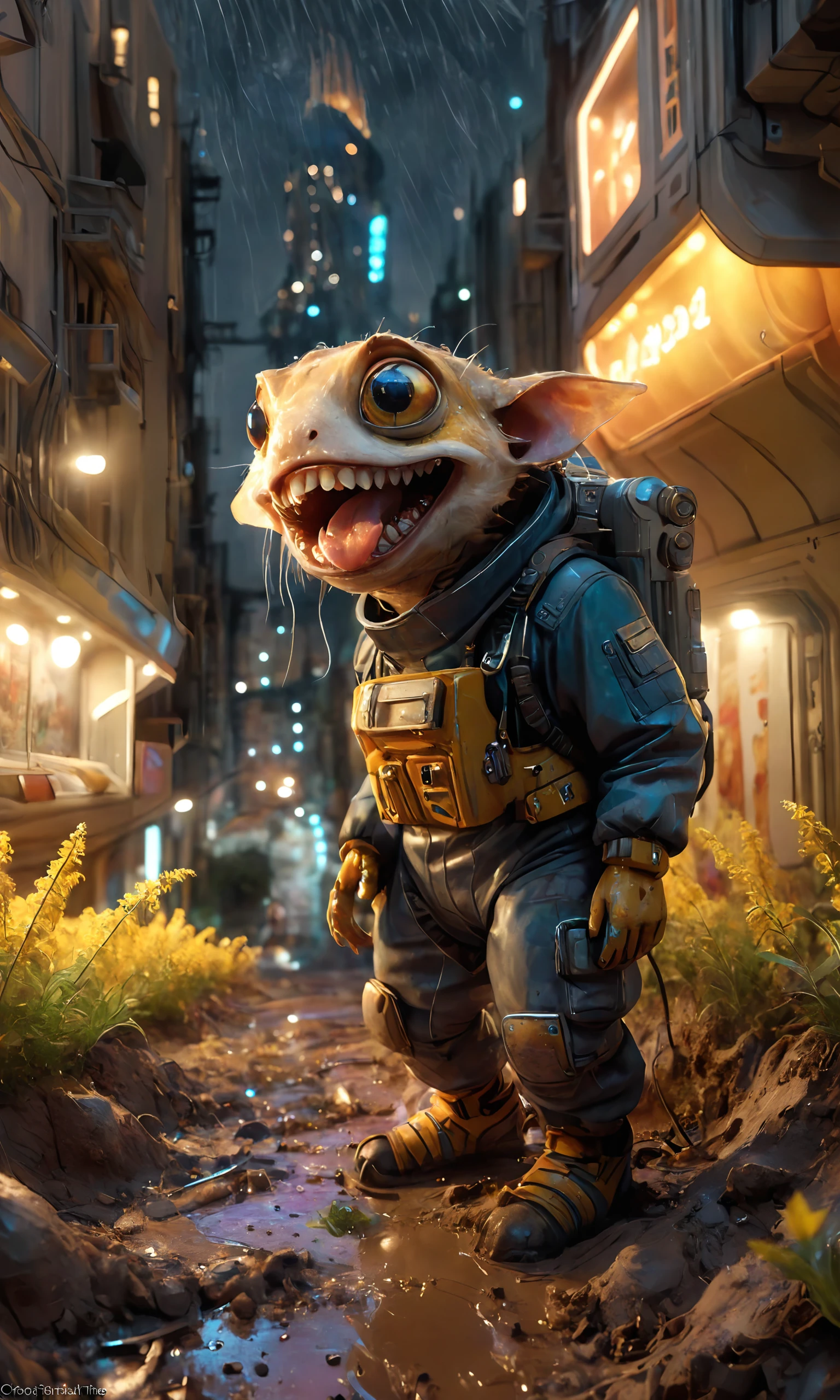 spaceship operator working at night in rainny street with strange cute friendly creatures with huge eyes, mouth, long tongue and round teeth appearing from dirt, in the style of gehry and gaudi, macro lens, highly detailed, shallow depth of fielf, digital painting, trending artstation, concept art, illustration, cinematic lighting, vibrant colors, photorealism, epic, octane render , sci-fi fantasy acrylic painting , photoshop thick acrylic brushes, goldenrod and matte slate red color scheme, sci-fi landscape, 16k <lora:vor_sci-fi.v1.sdxl.lora:1>