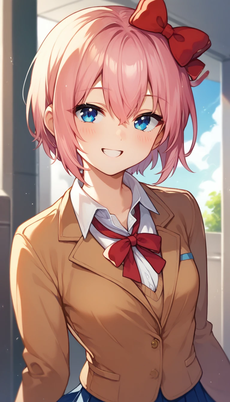 score_9,score_8_up,score_7_up,score_6_up BREAK official art,solo,outdoors,upper body,(portrait:1.5),looking at viewer,facing viewer,smile,blush,Sayori,short hair,pink hair,hair bow,red bow,hair between eyes,parted bangs,blue eyes,school uniform,brown jacket,blazer,wing collar,neck ribbon,red ribbon,brown sweater vest,white shirt,collared shirt,long sleeves,small breasts,skindentation,miniskirt,blue skirt,pleated skirt,white socks,uwabaki,white footwear,<lora:Sayori(ddlc)-Pony:1.8>,