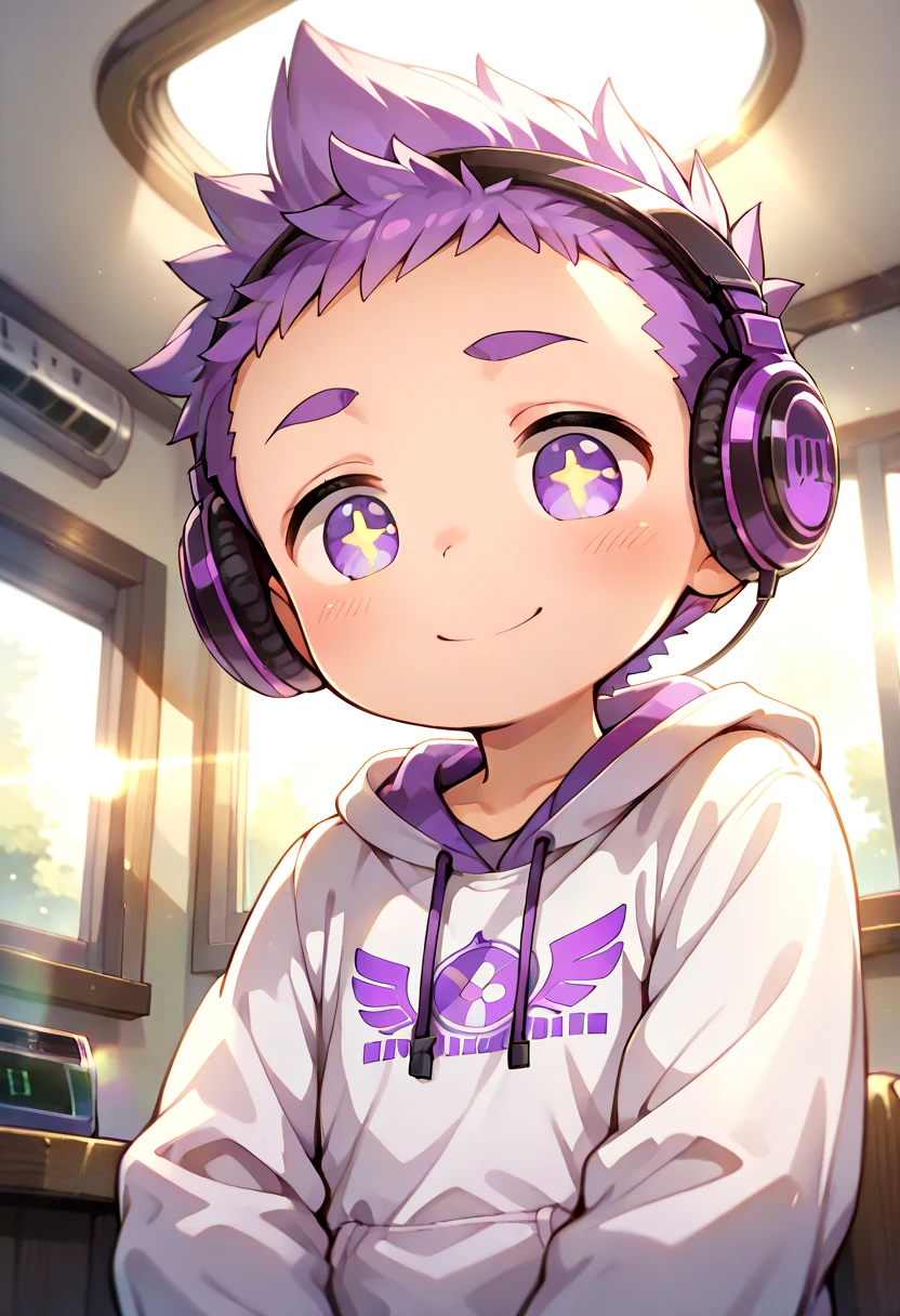 petite, young, solo, child, anime style,
 <lora:cutifiedanimecharacterdesign_variant_type_H_IL_v10:1>
type-h,  solo, looking at viewer, smile, short hair, long sleeves, 1boy, purple eyes, purple hair, male focus, indoors, hood, window, hoodie, headphones, from below, sunlight, thick eyebrows, spiked hair, child, lens flare, +_+,  white hoodie