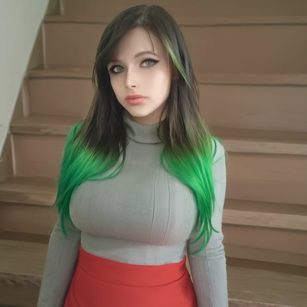 masterpiece, best quality,   <lora:Goosaphone_v2:1>, g00saph0n3, 1girl, skirt, breasts, solo, long hair, large breasts, multicolored hair, red skirt, looking at viewer, green hair, black hair,  grey sweater,realistic, sweater, green eyes, lips, upper body,