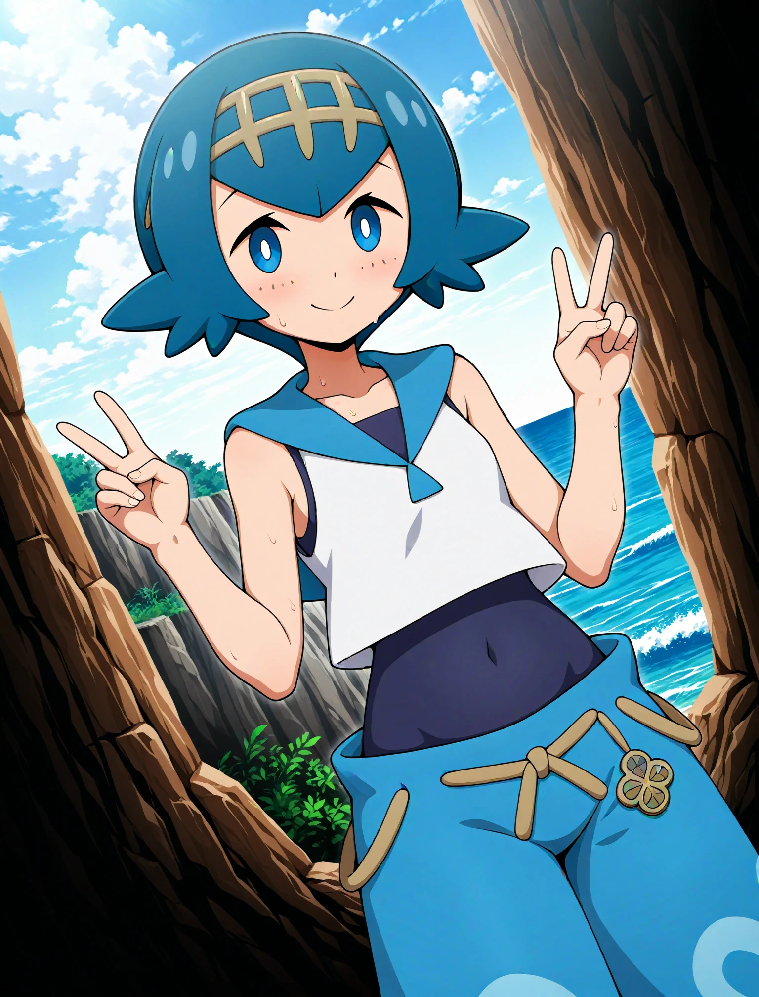 official style,
1girl, solo,
lana \(pokemon\), pokemon sm, blue hair, blue eyes, white sleeveless, undershirt, blue cargo pants, dutch angle, double v, smile,, masterpiece, best quality, amazing quality, very aesthetic, absurdres