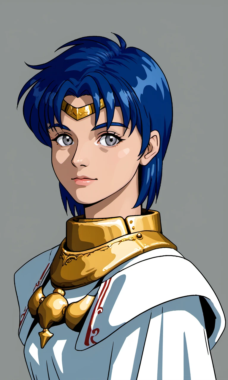 portrait, kyratierney, 1girl, grey eyes, blue hair, short hair, gold circlet, 