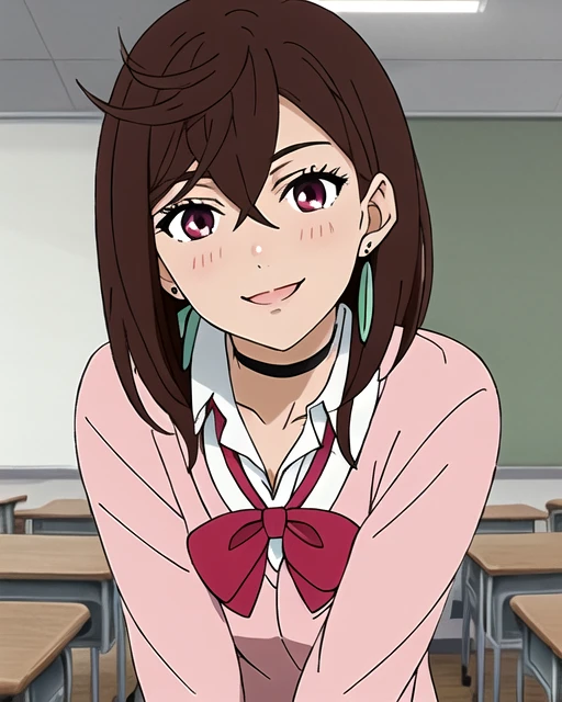 masterpiece, best quality, highres, 1girl, solo, brown medium length hair, layered hair with wispy ends, side-swept bangs, magenta/red eyes, pink blazer, white collar shirt, large red bow tie, black choker, mint green drop earrings, school uniform, slight blush marks on cheeks, expressive face, medium shot, beautiful detailed eyes, long eyelashes, clean lineart, soft shading, indoors, classroom lighting, slight head tilt, anime style, natural shadows, detailed facial features, sharp chin, light skin tone, professional lighting, detailed face, looking at viewer, full body, legs, heroic pose, smile, feel in love, fit body, <lora:Momo-Ayase-Dandadan-SD15:0.7>