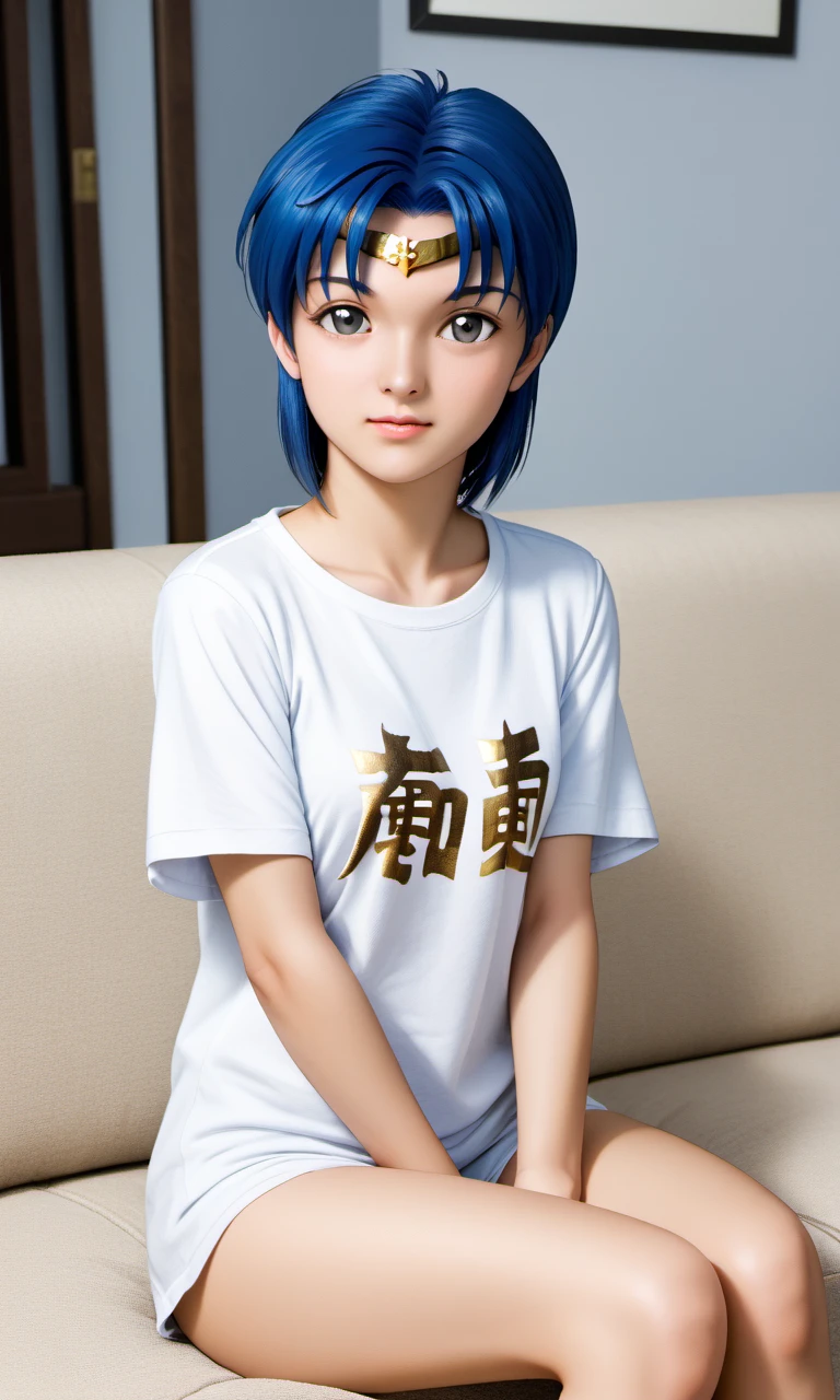 sofa, sit, kyratierney, 1girl, grey eyes, blue hair, short hair, gold circlet, t-shirt, shirts, 