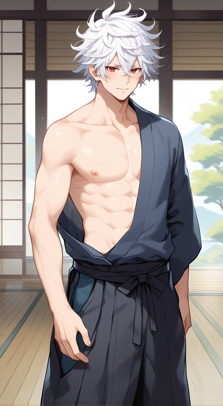 1boy,solo,male focus,japanese clothes,hakama,kimono,dojo,white hair,red eyes,messy hair,bare shoulder,bare arm,mature male,emotionless,toned male