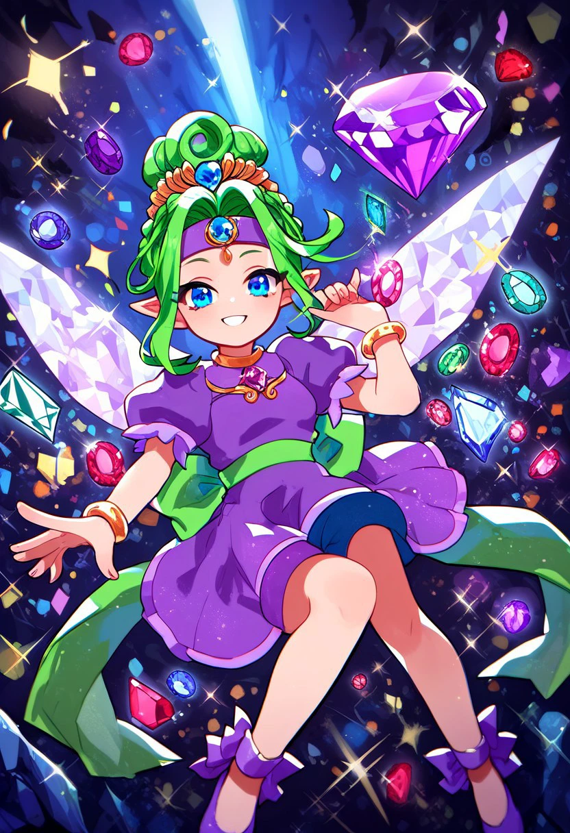 score_9, score_8_up, score_8, score_7, absurdres, ruby_panepon, blue eyes, wings on back, green hair, pointy ears, purple dress, purple footwear, puffy sleeves, hair bun, bracelet, tiara, headband, back bow, (gem:1.1), sidelocks, looking at viewer, smile, cave background, glitter