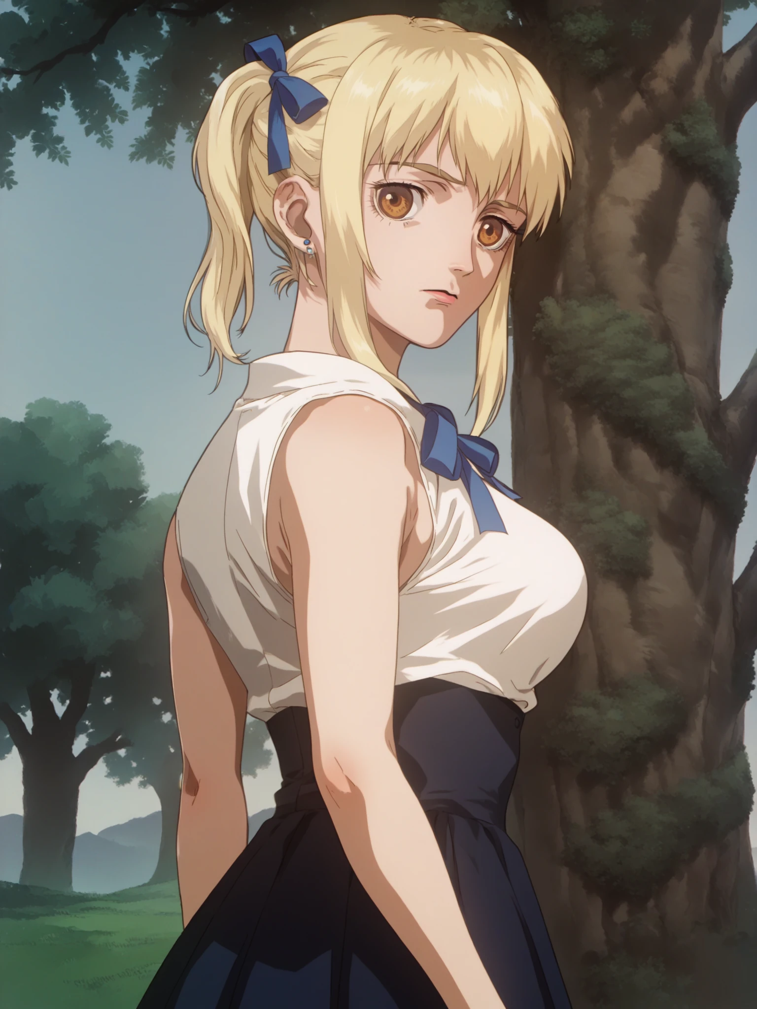 score_9, score_8_up, score_7_up, score_6_up, score_5_up, source_anime, smooth_anime,
Lucy_Heartfilia, 1girl, solo, brown_eyes, blonde_hair, ribbon, hair_ribbon, looking_at_viewer, long_hair, outdoors, jewelry, earrings, breasts, looking_back, sleeveless, blue_ribbon, skirt, shirt, tree, large_breasts, sleeveless_shirt, blue_skirt, long_skirt, day
 <lora:Vampire_Hunter_D:1>