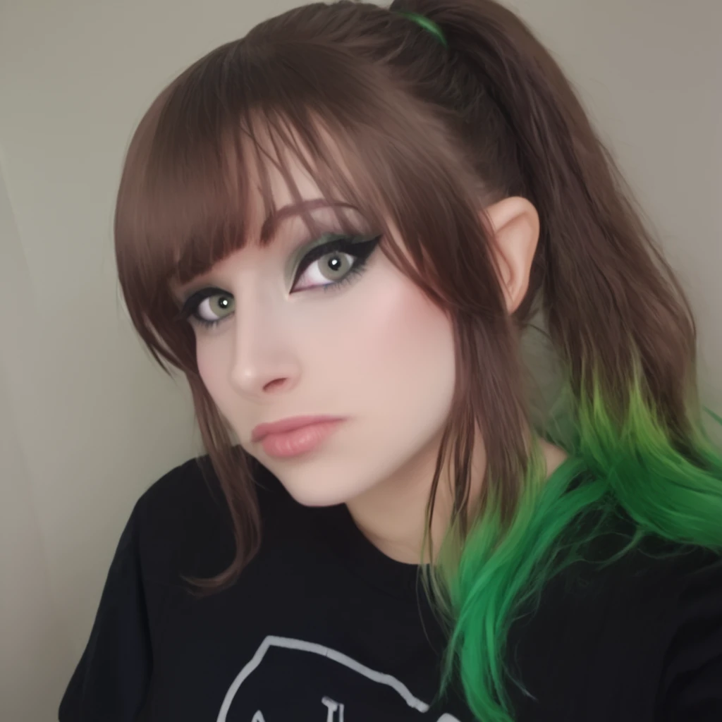 masterpiece, best quality,   <lora:Goosaphone_v2:1>,g00saph0n3, 1girl, solo, brown hair, multicolored hair, looking at viewer, shirt,  black shirt,  green hair, makeup, ponytail, bangs, closed mouth, portrait, realistic, upper body, green eyes, lips