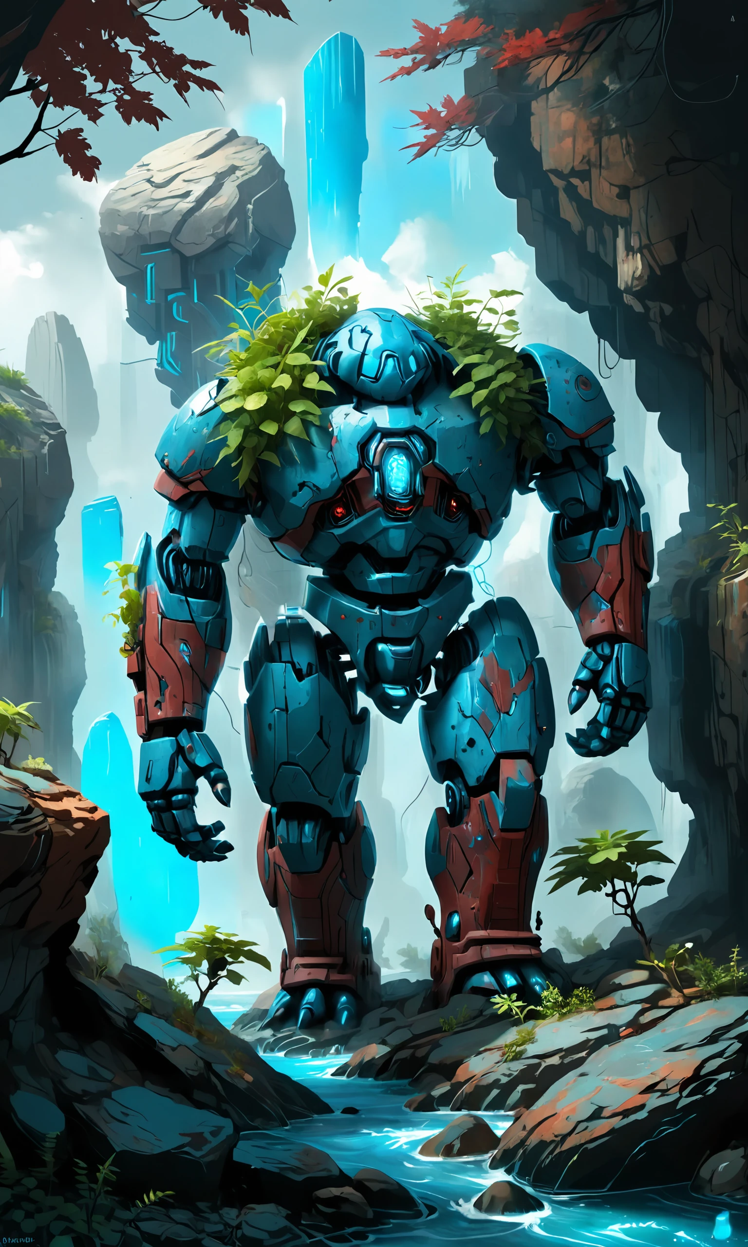 score_9,score_8_up,score_7_up, AUTOMATON, 
giant rock golem with plants growing on shoulders, rough rocks, rough stone, unpolished, dirty, ancient, STANDING,
 , photoshop thick acrylic brushes, blue and dark cyan and matte Medium Indian Red color scheme, sci-fi landscape, 16k <lora:vor_sci-fi.v1.sdxl.lora:1>