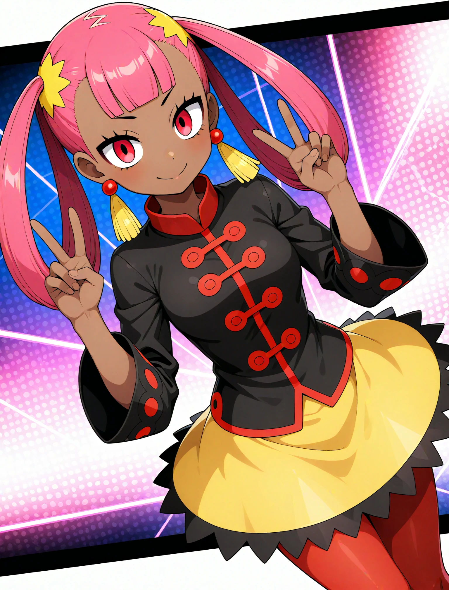 official style,
1girl, solo,
punk girl \(pokemon\), pokemon, pink hair, pink eyes, dark skin, hair rings, earrings, black shirt, yellow skirt, srtriped pantyhose, dutch angle, double v, smile,, masterpiece, best quality, amazing quality, very aesthetic, absurdres