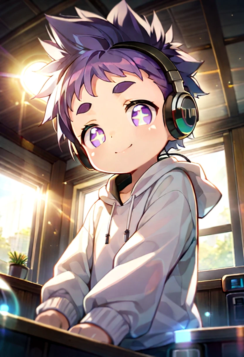 petite, young, solo, child, anime style,
 <lora:cutifiedanimecharacterdesign_variant_type_H_IL_v10:1>
type-h,  solo, looking at viewer, smile, short hair, long sleeves, 1boy, purple eyes, purple hair, male focus, indoors, hood, window, hoodie, headphones, from below, sunlight, thick eyebrows, spiked hair, child, lens flare, +_+,  white hoodie