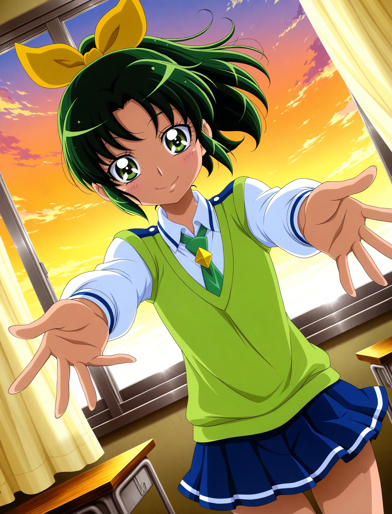 official style, 
1girl, solo, 
midorikawa nao, smile precure!, green hair, green eyes, ponytail, hair ribbon, nanairogaoka middle school uniform, green necktie, green sweater vest, 
dutch angle, posing, blush, imminent hug, incoming hug, sunset, school classroom, window, curtain, wind, masterpiece, best quality, amazing quality, very aesthetic, absurdres