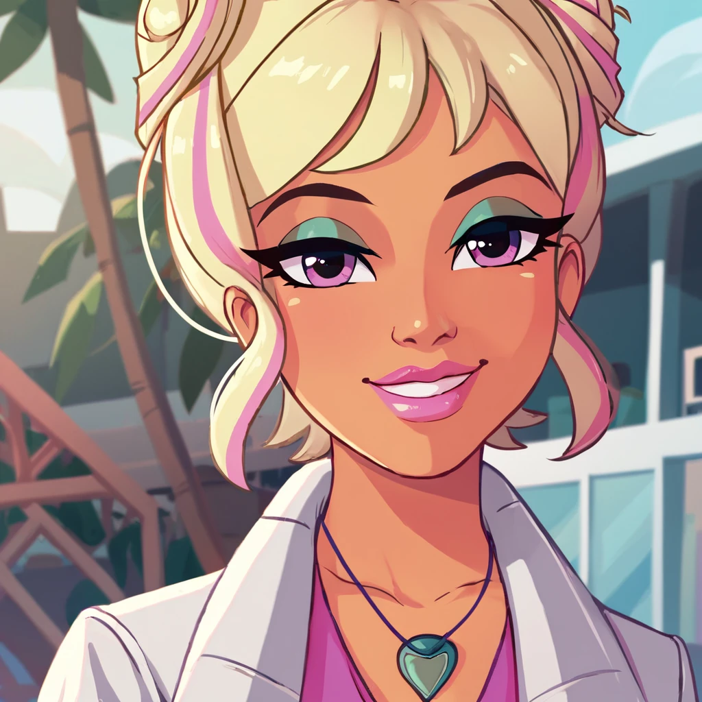 score_9, score_8, score_7, chestnut magnifico, blonde hair, hair bun, chestnut necklace, cowboy shot, eyeshadow, pink lips, lipstick, smile, white overcoat, looking at viewer, best quality, hd, highly detailed, cinematic quality