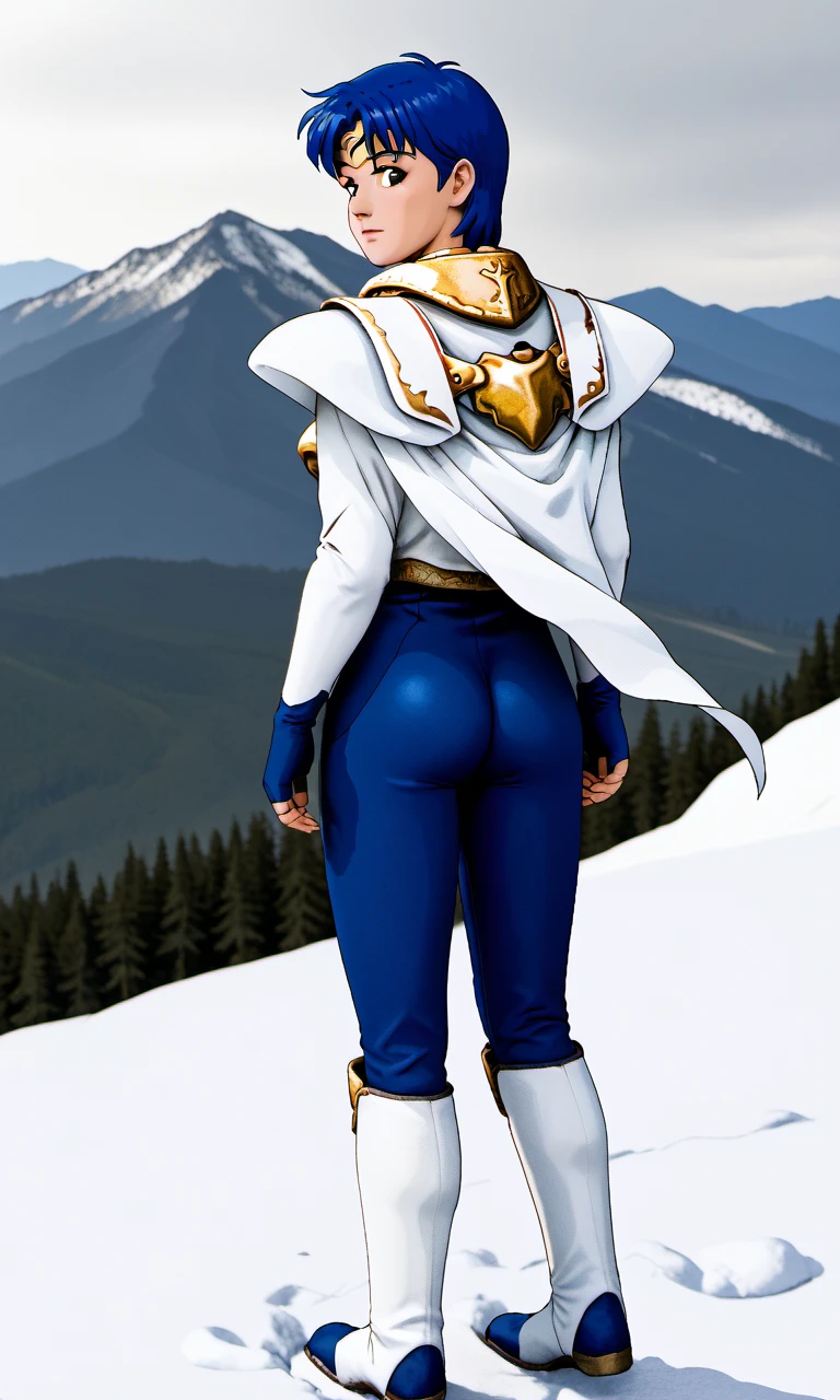 from behind, snow mountain, kyratierney, 1girl, grey eyes, blue hair, short hair, gold circlet, blue bodysuit, breastplate, fingerless elbow gloves, white mantle, white greaves, boots