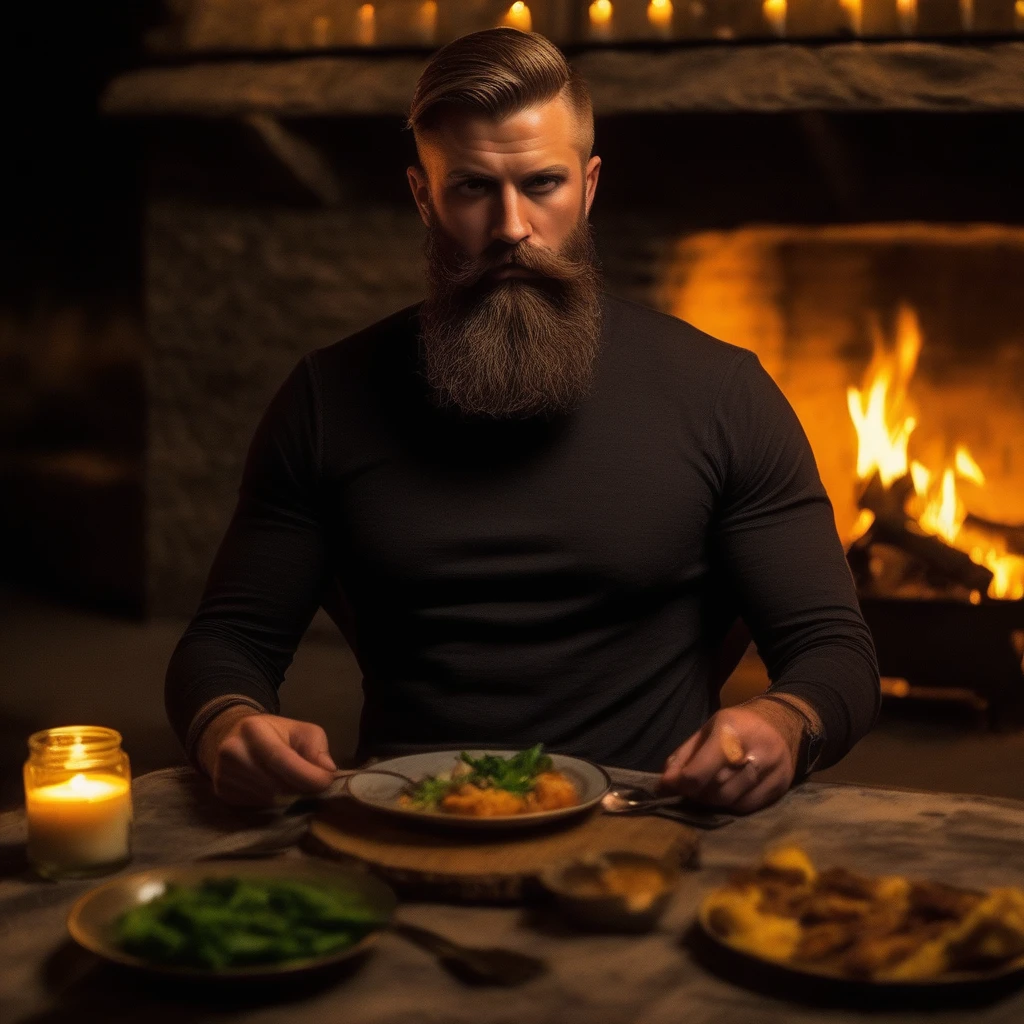 fireplace, food focus, outdoors, beard, candle