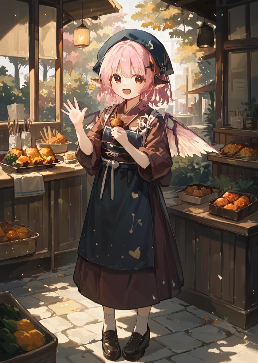 score_9, score_8_up, score_7_up, score_6_up, score_5_up, score_4_up, detailed, full body, cute female mysti4, smiling, greeting, holding food, waving, source_anime <lora:Mystia Lorelei _ Okamisty (Izakaya Outfit) (Touhou Project) [Pony]_epoch_12:1> mysti4, izakaya_outfit, 1girl, pink hair, animal ears, wings