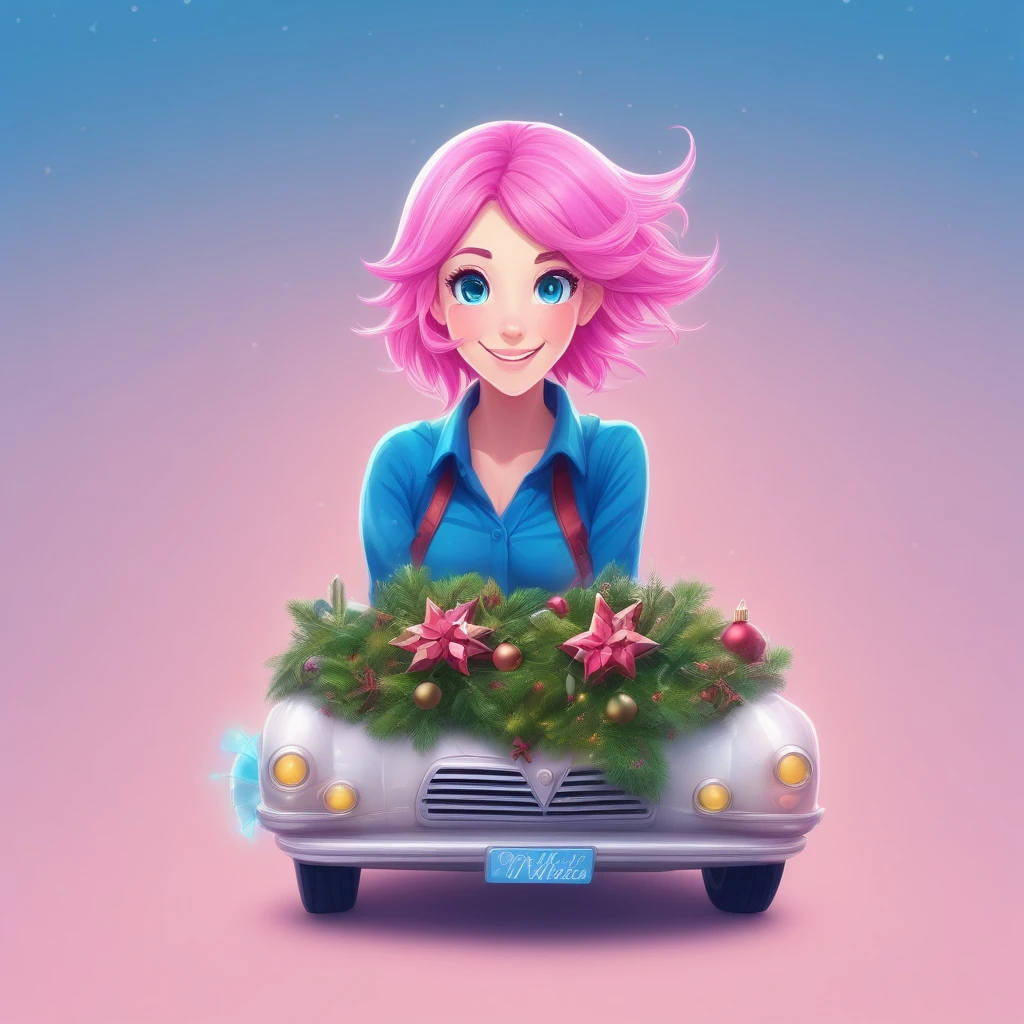 blue background, potted plant, christmas, motor vehicle, pink hair