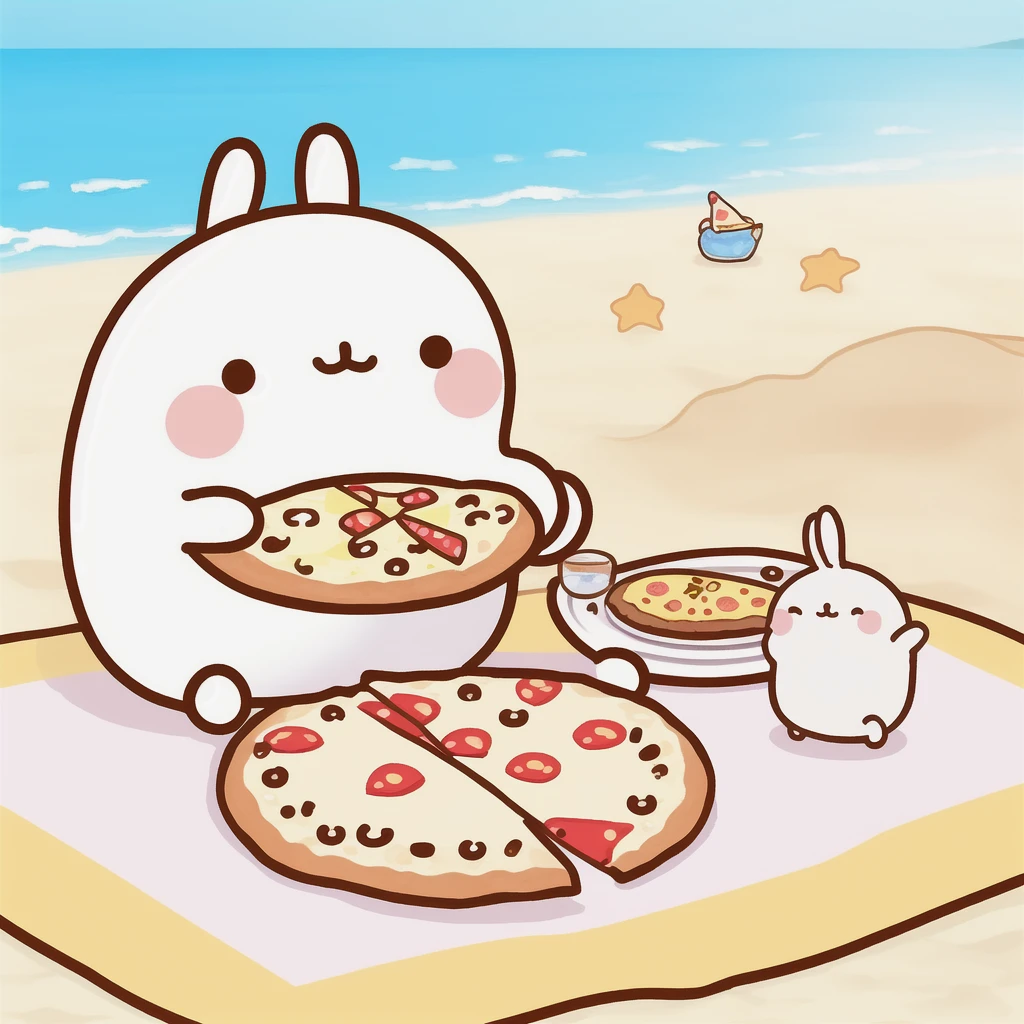 cute rabbit with solid circle eyes, :3 smile, blush on cheeks, eating a slice of pizza, sitting on a beach with sand and ocean in the background, simple and bright background, no humans, animal focus, relaxed and happy expression, sunny weather <lora:molang-08:0.8>