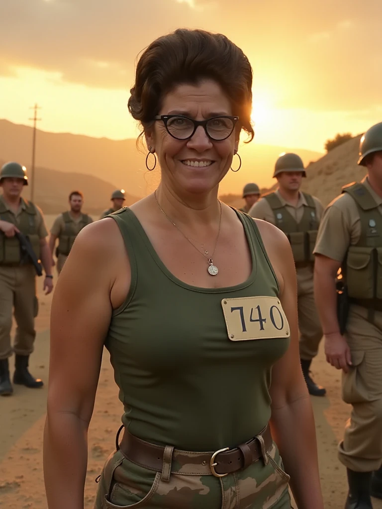 <lora:Connie FLUX:0.85> connie_tpir, woman, middle age, brown hair, hair in bun, she is wearing black frame glasses, hoop_earrings, 1960s, nametag on chest, high quality, green tank top, camouflage pants, outdoors, war, battle field, smile, sunset, army boots, leg strap,