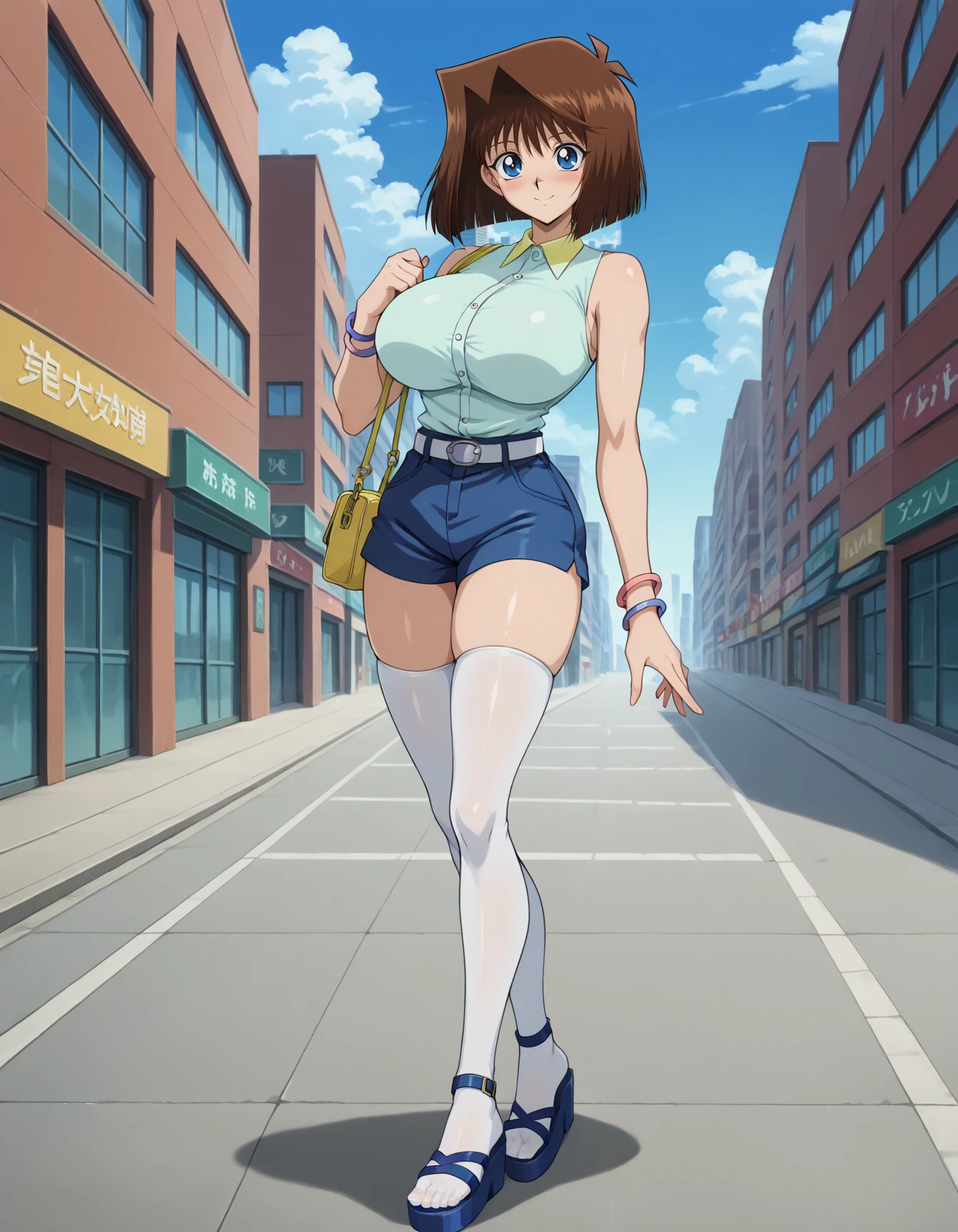 amazing quality,very aesthetic,absurdres,best quality,newest,masterpiece,1girl,solo,<lora:Anzu_MazakiNoobXAI:0.7>,brown hair,short hair,blue eyes,athletic sexy body,slim waist,huge breasts,mazaki anzu,light blue sleeveless button shirt,belt,blue shorts,white thighhighs,outdoors,city,sky,clouds,standing,blush,smile,covered feet,blue platform sandals,bracelet,one strap purse,full body,yu-gi-oh! duel monsters,Takahashi Kazuki style,colorful,