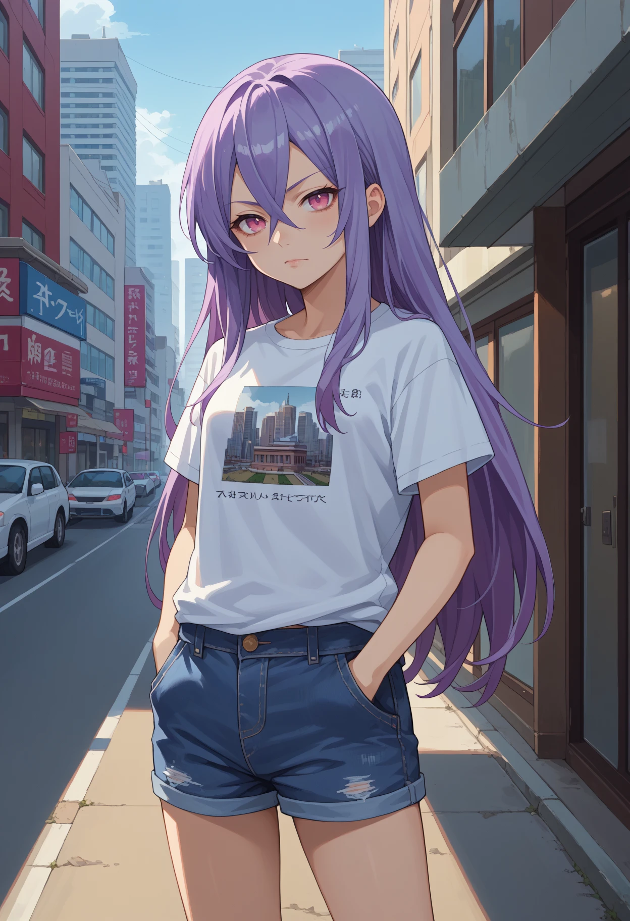 score_9, score_8_up, source_anime, 1girl, solo, TakamatsuShiera, pink eyes, purple hair, long hair, hair between eyes, t-shirt, denim shorts, standing, outdoors, city, hands in pockets, <lora:ChamTakamatsuShieraPonyXL:1>