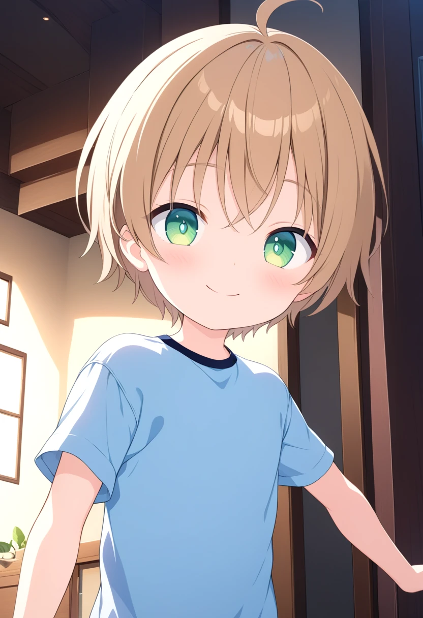 straight on shot, standing,detailed eyes,
inside house, loved face expression,
 <lora:cutifiedanimecharacterdesign_variant_type_F_XL_v10:1>, 1boy, type-f, light brown hair, light green eyes, petite, young, solo, shirt, aged down, mischievous smile,
(masterpiece:1.2), best quality, high resolution, unity 8k wallpaper, (illustration:0.8), (beautiful detailed eyes:1.6), extremely detailed face, perfect lighting, extremely detailed CG, (perfect anatomy),