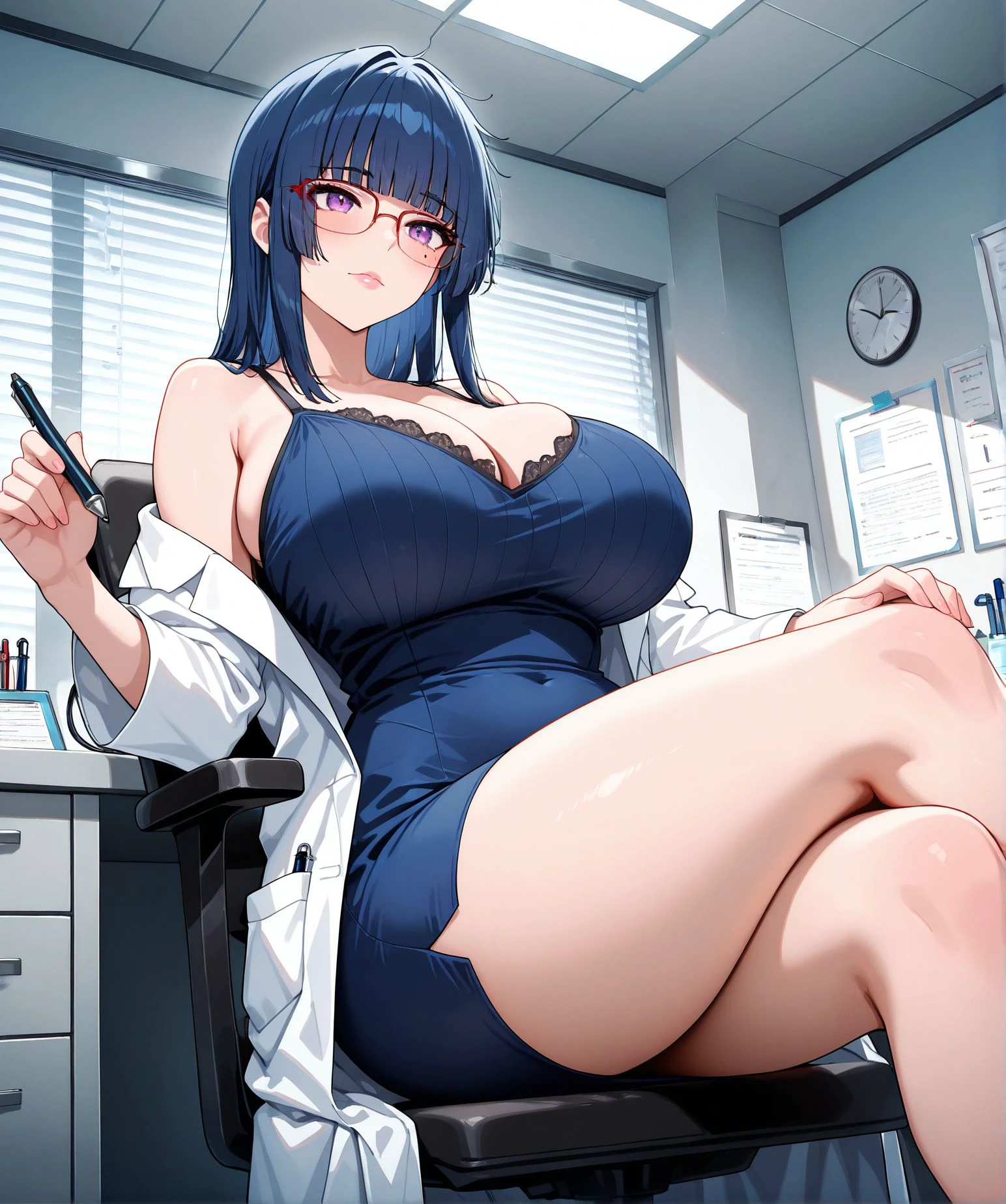 masterpiece,best quality,amazing quality,very aesthetic,absurdres,newest, huge filesize,anime.2D,
<lora:spo_sdxl_10ep_4k-data_lora_webui:0.5>,
grace,
1girl,  blunt bangs, lips,mole,bare shoulders, crossed legs, sitting, doctor, pen, miniskirt,  huge breasts, blue dress,
blue hair, red glasses,lab coat, purple eyes, <lora:You_are_Ms._Servant___Grace:1>