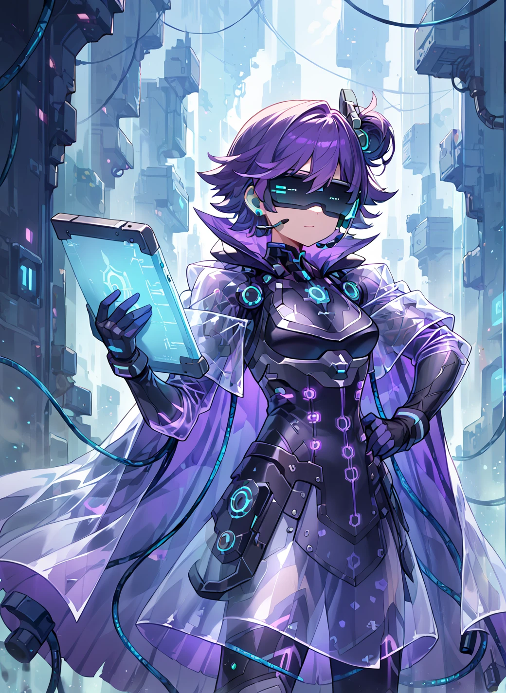 score_9, score_8_up, score_7_up, high quality, 1girlï¼backup sceretary , purple hair, hand on hip, cape, short hair, gloves, see-through,earphone,  Head-mounted displayï¼wire
standingï¼Hold. Tablet
<lora:add-detail-xl:1>. Cyberspaceãfront view    <lora:backup sceretary v8:1>