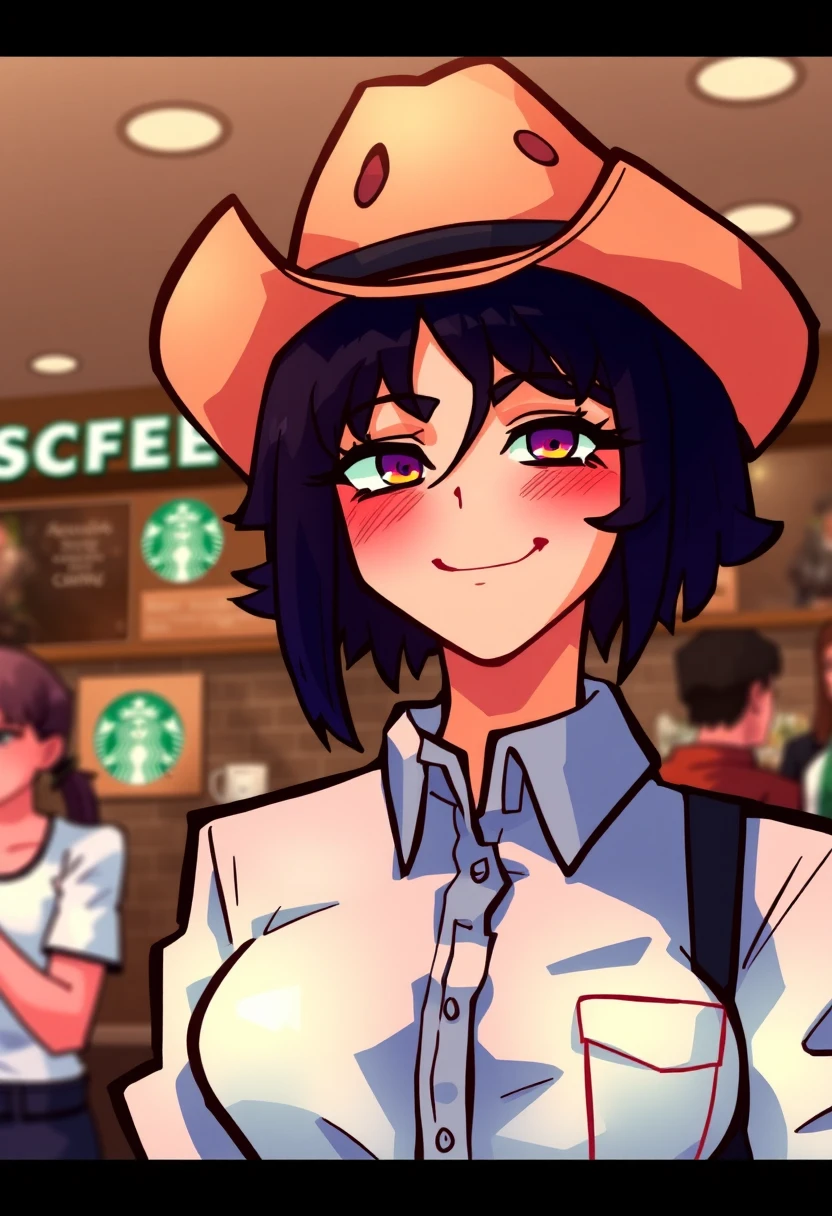 AlphaRecdyt \(Artist\), akuseru.sama \(Artist\), @AlphaRecdyt,   1 woman with short black curly hair, button up collared shirt and a cowboy hat, smiling with eyeliner, background is the inferior of a busy Starbucks coffee shop