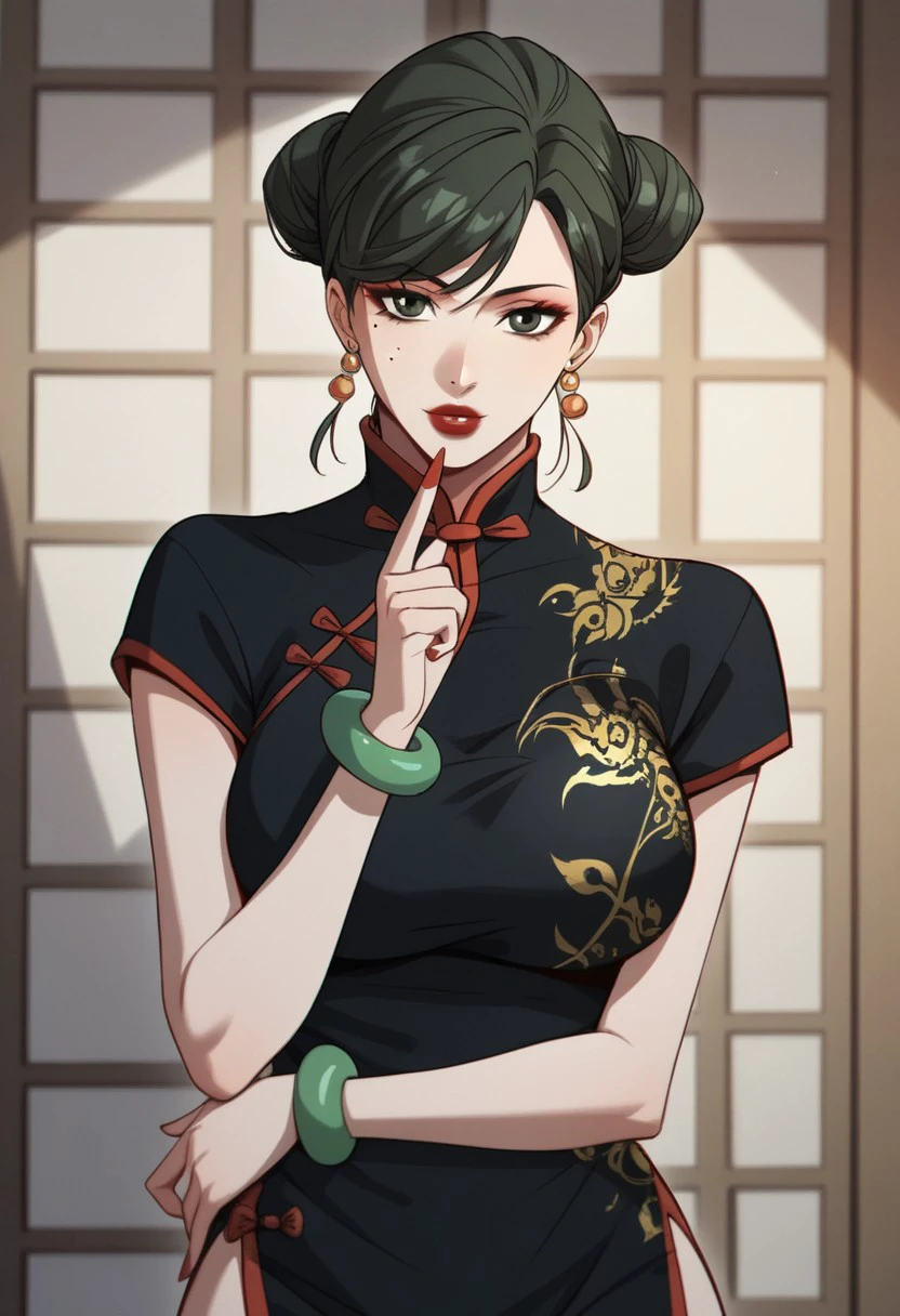 score_9, score_8_up, score_7_up, BREAK, LiuQinger, green hair, single hair bun, green eyes, mole under eye, large breasts, red lips, makeup, red nails, LiuChinese, earrings, bracelet, china dress, dark green dress, print dress, floral print, short dress, short sleeves, 1girl, solo,