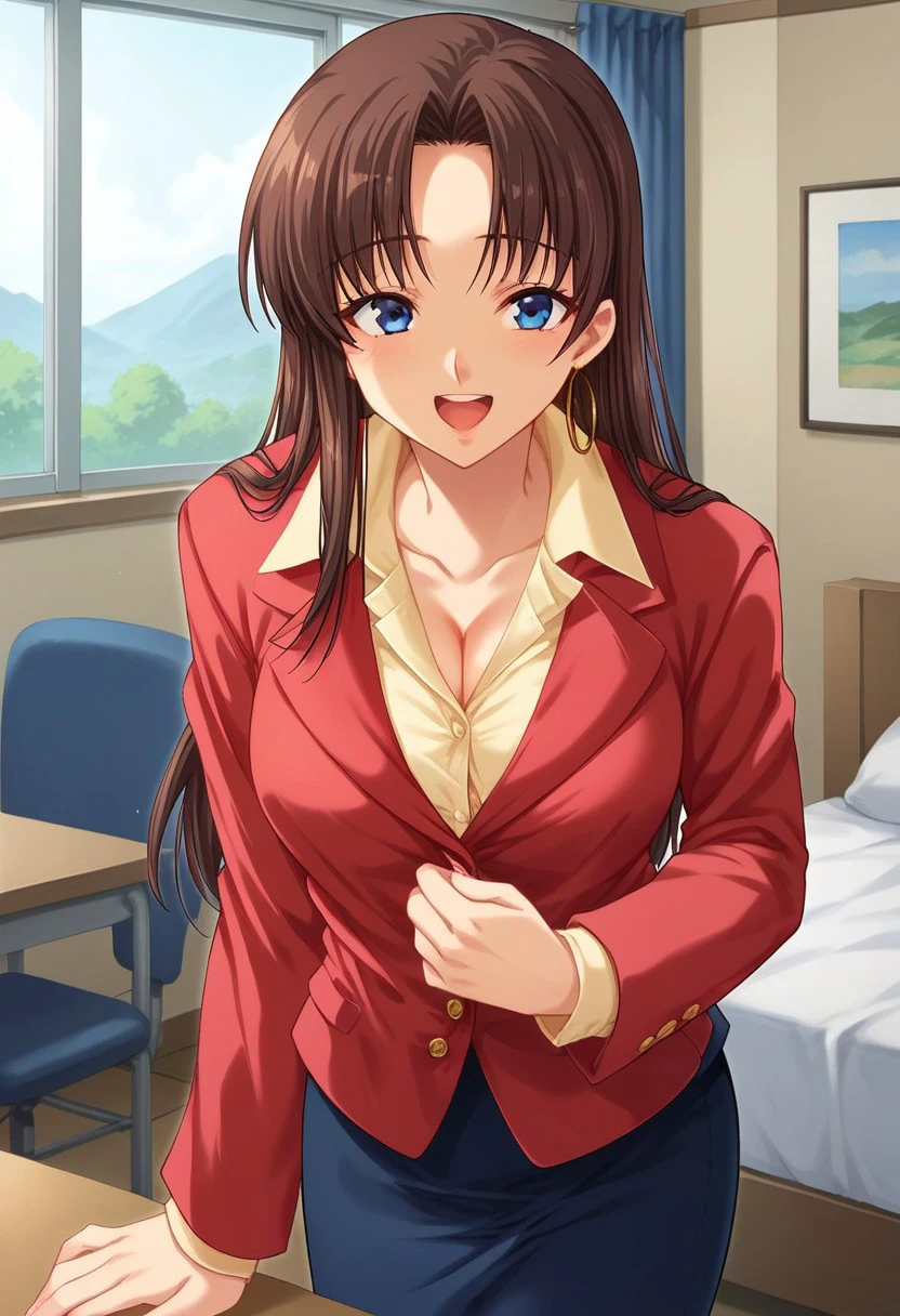 score_9, score_8_up, score_7_up, source_anime, indoors, 1girl, solo,looking at viewer, happy,indoors, home background, stand up, blue eyes,brown hair,long hair,hair parted in middle, medium breasts,earing,red jacket, beige shirt, blue pencil skirt, cleavage,