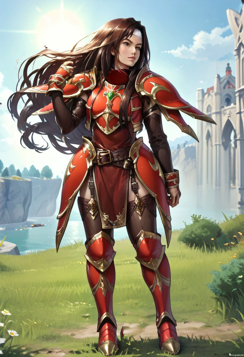 score_9, score_8_up, score_7_up,highly detailed, view from side,looking at viewer,1girl ,perfect face,armor ,long hair ,brown hair ,solo ,breastplate ,thighhighs ,brown eyes ,headband ,shoulder armor,belt,boots, outside, sky, grass,sun, mountain in the background, standing,