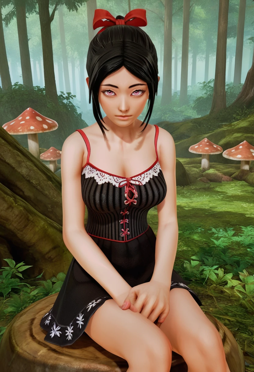 score_9, score_8_up, score_7_up, an 8k image of a girl sitting on a giant mushroom in an enchanted forest, arm support, looking at viewer, natural lighting, 8k, insane details, detailed face, zPDXL3, <lora:Harem_Hotel_Character_Pack_v2:0.8> (a photo of MariaHH:1.2), in the style of harem hotel, 3d, cgi, black hair, ponytail, pink eyes, medium breasts, black dress, hair bow, hair ribbon, normalMaria