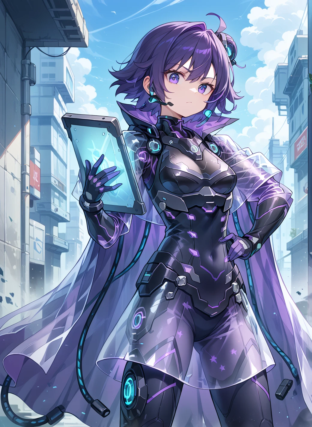 score_9, score_8_up, score_7_up, high quality, 1girlï¼solo, backup sceretary , purple hair, hand on hip, cape, short hair, gloves, see-through, standingï¼Hold. Tablet<lora:add-detail-xl:1>. Cyberspaceãfront view    <lora:backup sceretary v8:1>