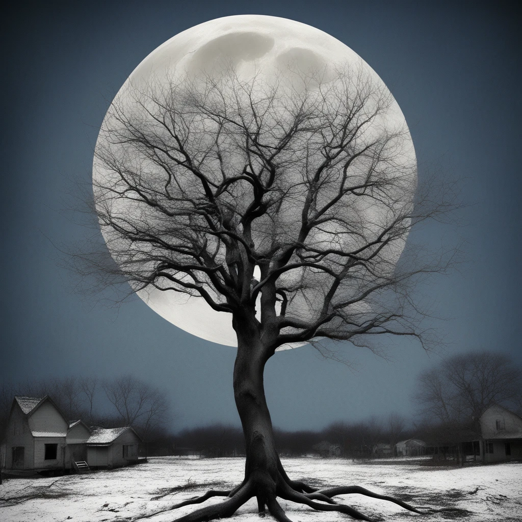 moon, bare tree, traditional media, tree, food focus